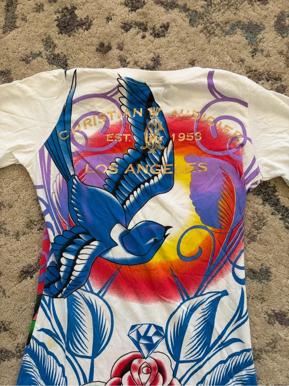 Y2K Christian Audigier “Ed Hardy” White Rhinestone T-Shirt - Picture 5 of 6
